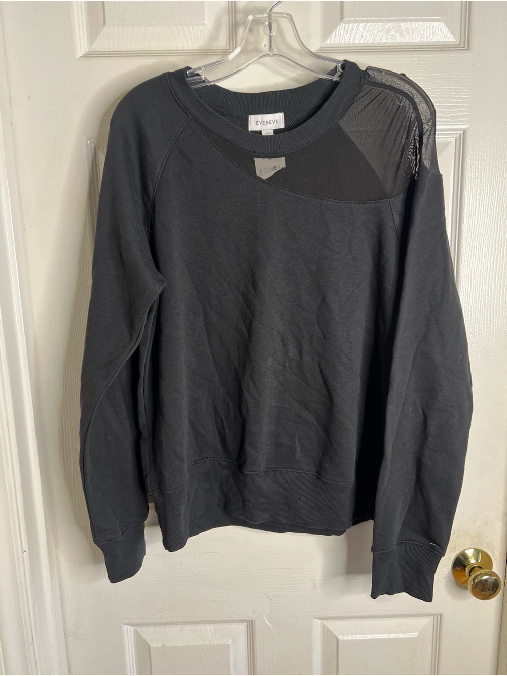 evereve sweatshirt Basic Black Mesh Cut Out Chest Shoulder Women Size Large NWT